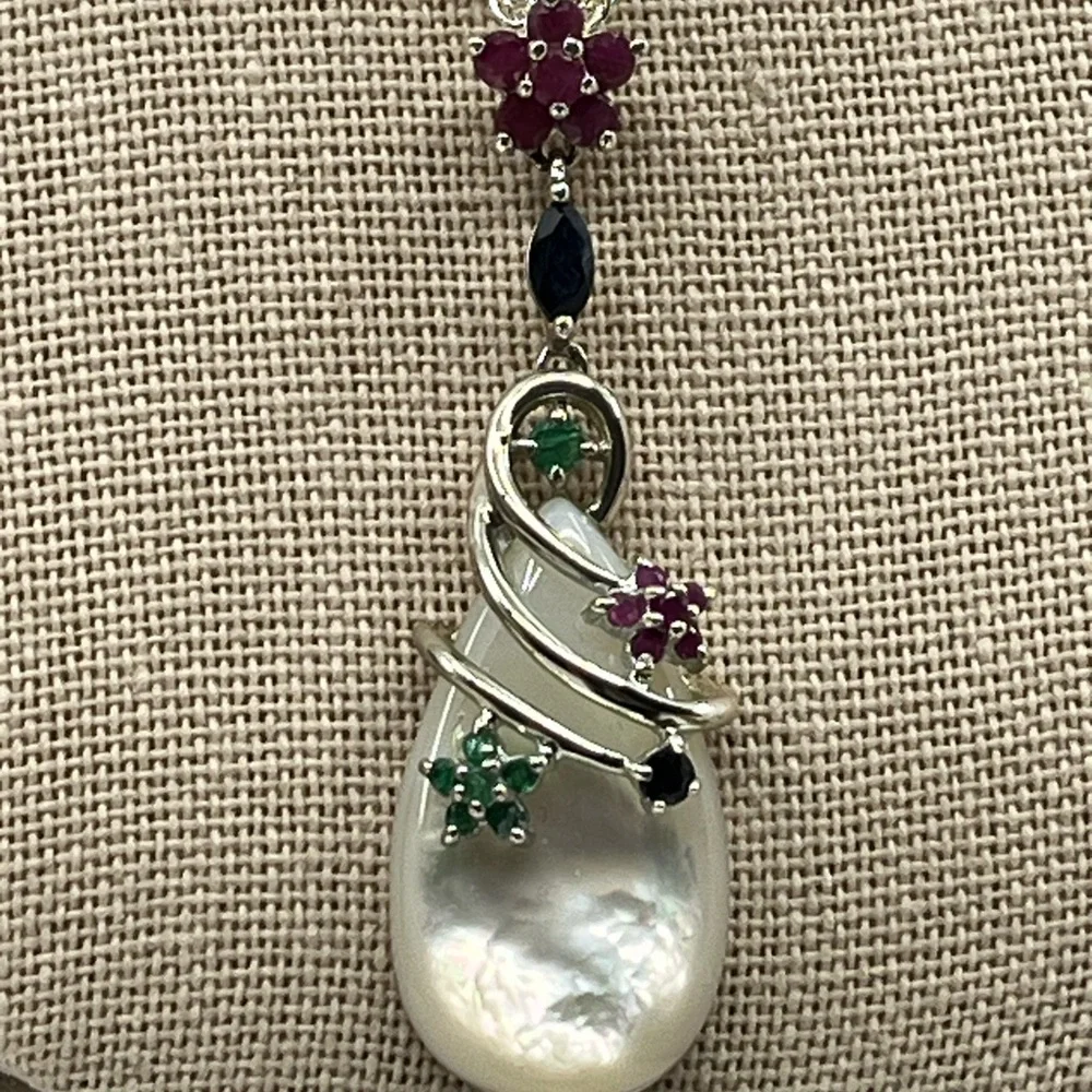 Vintage Sterling Silver Mother of Pearl & Gemstone Pendant